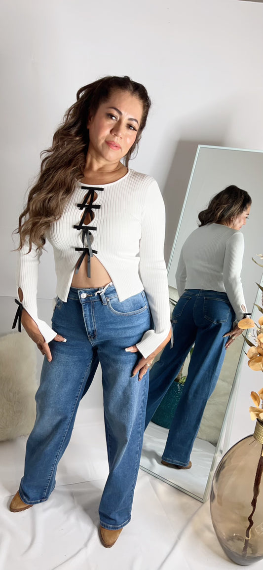 Bow Tie Ribbed Knit Top